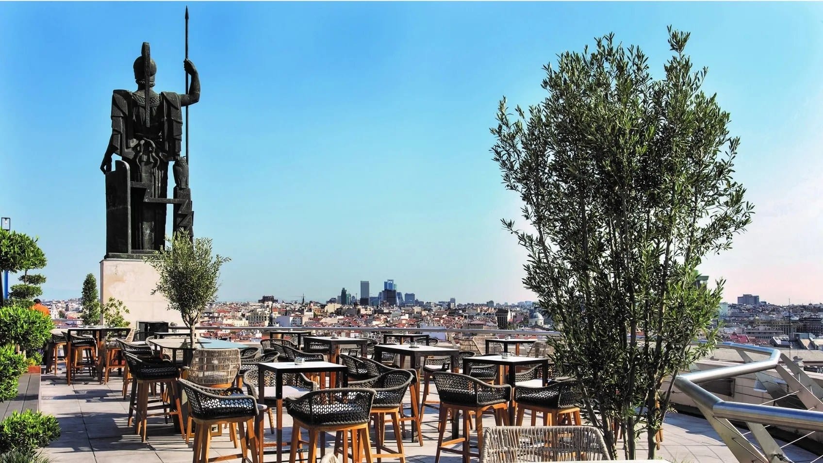 The rooftop terrace of the Circulo de Bellas Artes in Madrid at golden hour